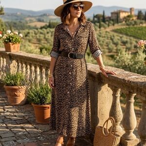 Leopard Print Maxi Shirt Dress Size M - Safari Chic - Made in Italy